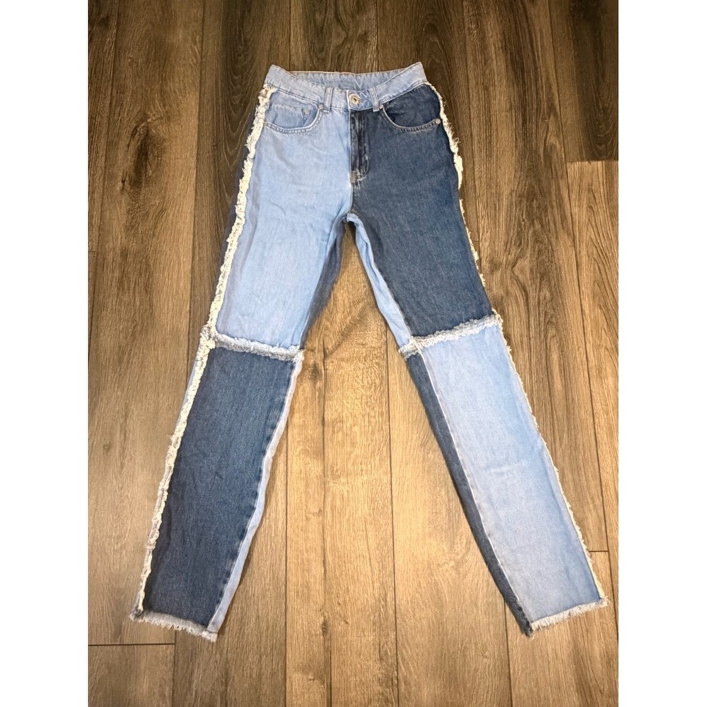 Ragged Priest Patchwork Raw Edge Straight Leg Jeans 24 Streetwear Edgy Denim